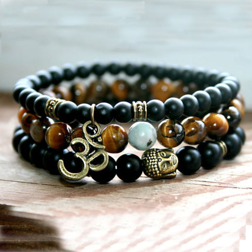 Tiger eye Matte Onyx Yoga Bracelets Bronze Buddha Ohm wrist Set of 3 bracelet