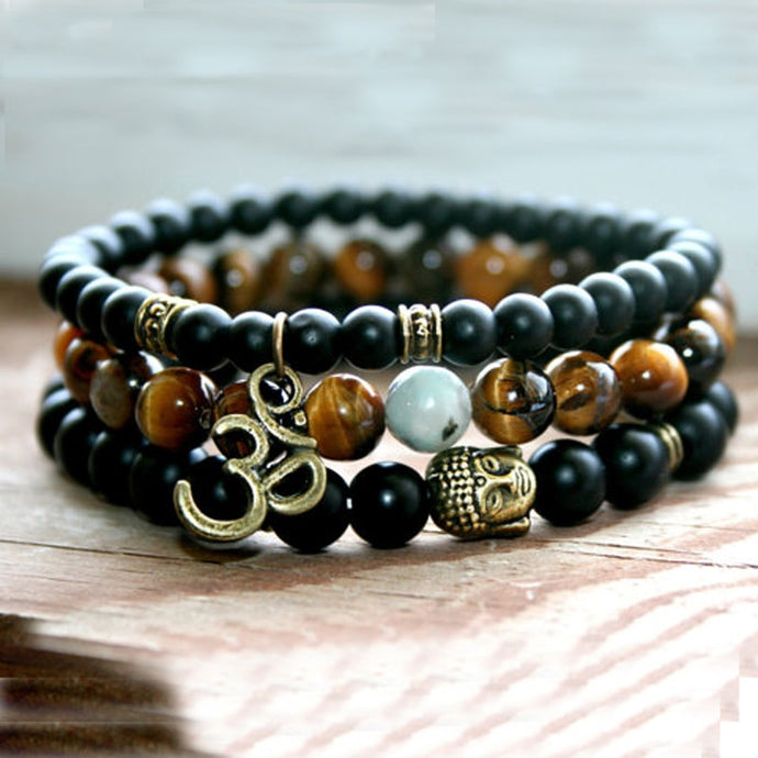Tiger eye Matte Onyx Yoga Bracelets Bronze Buddha Ohm wrist Set of 3 bracelet