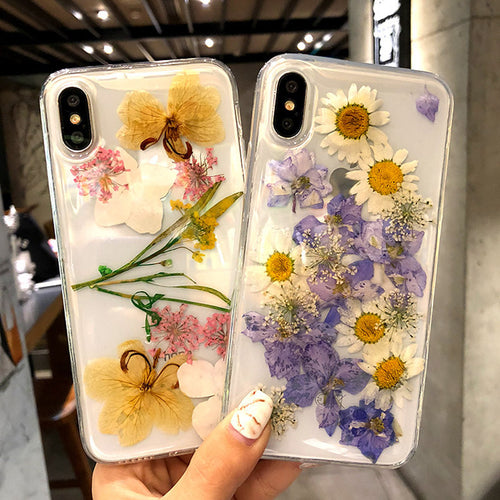 Real Dried Flower Phone Case for iPhone X Transparent Soft TPU Handsome Pressed Back Cover for iPhone X 8 7 6S Plus Cases Women