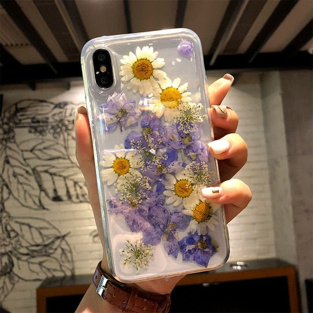Real Dried Flower Phone Case for iPhone X Transparent Soft TPU Handsome Pressed Back Cover for iPhone X 8 7 6S Plus Cases Women