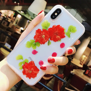 Real Dried Flower Phone Case for iPhone X Transparent Soft TPU Handsome Pressed Back Cover for iPhone X 8 7 6S Plus Cases Women
